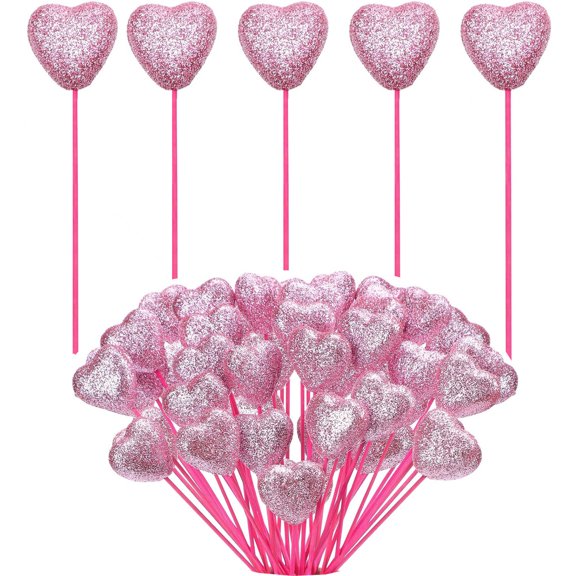 Glitter Pink Puffy Heart Picks,Happon 20 Pcs Wooden Valentines Foam Heart Stems,Foam Heart Picks Glitter Sticks for Flower Arrangements Floral Bouquet Crafts Decorations