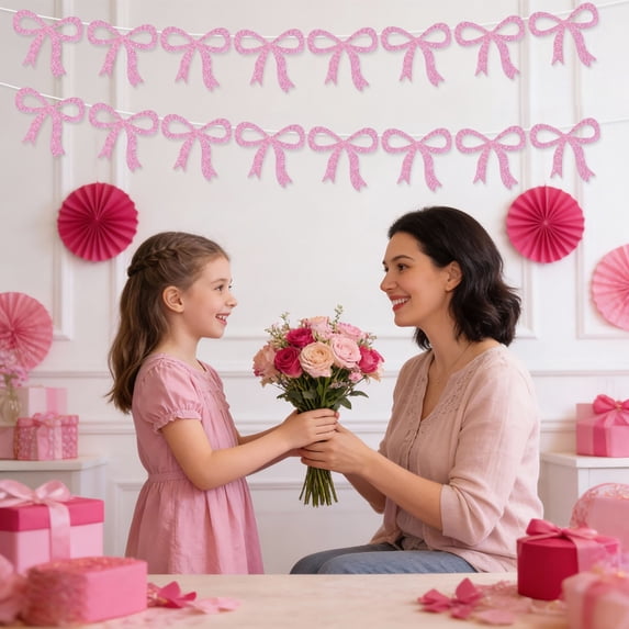 Glitter Pink Pull Bow Garland (8 Pcs) - Decorative Bows for Wedding, Birthday, Party & Home Decor | Easy Assemble Ribbon Decorations