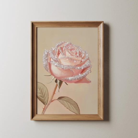 Glitter Pink Rose Shimmering Floral Wall Art Print, Botanical Bedroom And Living Room Decor