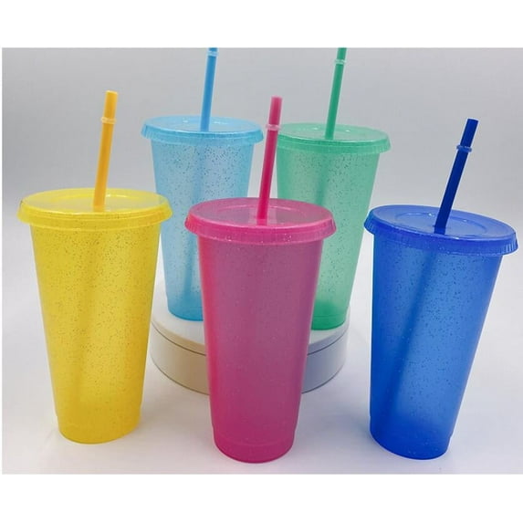 Glitter Plastic Cups with Straws and Lid,5 Packs 24 oz. Colorful Glitter Reusable Cups ,Elegant Plastic Party Cups Wedding Decorations,Summer Coffee Tumblers Party Cup for Adults