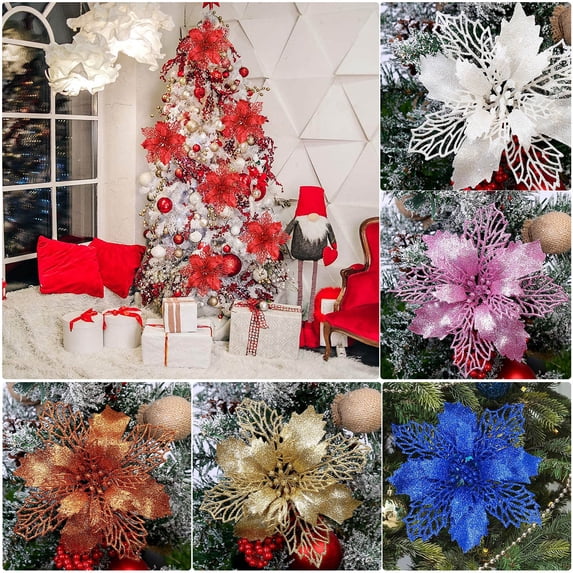 Glitter Poinsettia Christmas Tree Decorations 12 PCS Winter Flowers Christmas Tree Wreath Ornaments with Clips, Light Blue