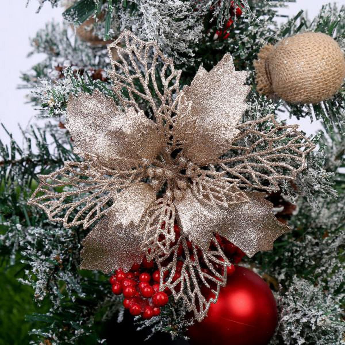 Glitter Poinsettia Christmas Tree Decorations Winter Flowers