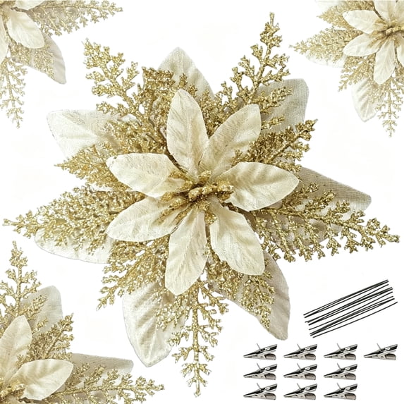 Glitter Poinsettia Flowers for Christmas Tree, 10 Pcs Artificial Xmas Tree Decorations with Clip Stems, Sparkling Holiday Floral Ornaments for Wreath, Party and Home Decor (Gold)