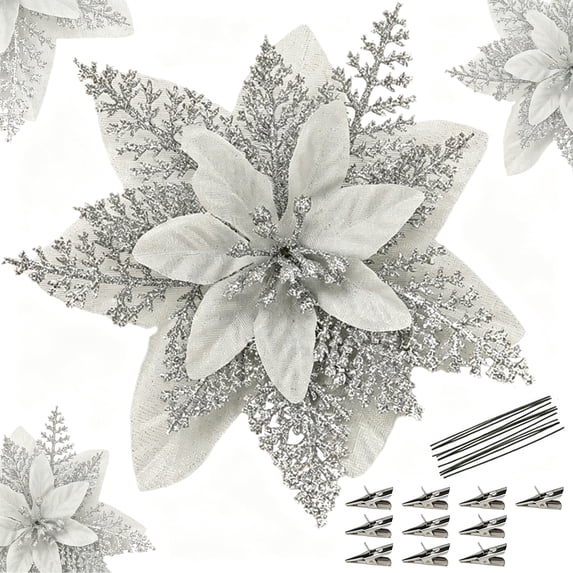Glitter Poinsettia Flowers for Christmas Tree, 10 Pcs Artificial Xmas Tree Decorations with Clip Stems, Sparkling Holiday Floral Ornaments for Wreath, Party and Home Decor (Silver)