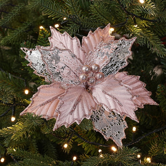 Glitter Poinsettia Flowers, Large Artificial Poinsettias Christmas Tree Ornaments for Wreath New Year Party Wedding Decorations, Champagne