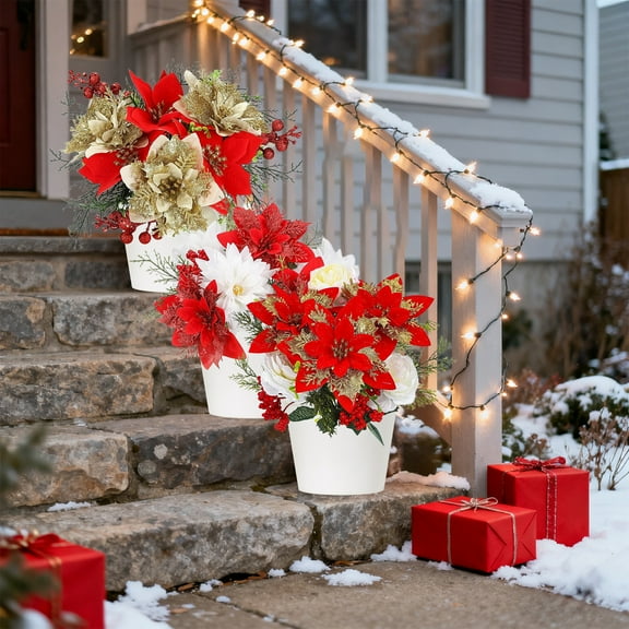 Glitter Poinsettia Flowers for Christmas Decor | Artificial Silk Floral Arrangements with Vase | 2-Pack Multicolor Home & Party Decorations