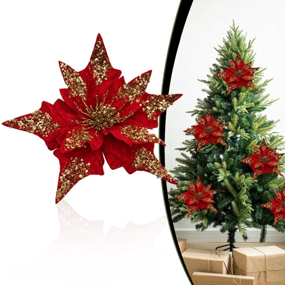 Glitter Poinsettia Picks,Artificial Velvet Sequin Floral Christmas Decorations,Xmas Tree Fake Glitter Ornament Head,11.2 Inch Lifelike Faux Velvet Christmas Floral,Decor for Wreath,Wedding