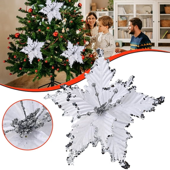 Glitter Poinsettia Picks,Artificial Velvet Sequin Glitter Flower Christmas Decorations,Xmas Tree Fake Floral Ornament Head,11.8 Inch Lifelike Faux Velvet Christmas Floral,Perfect for Wreath,Wedding