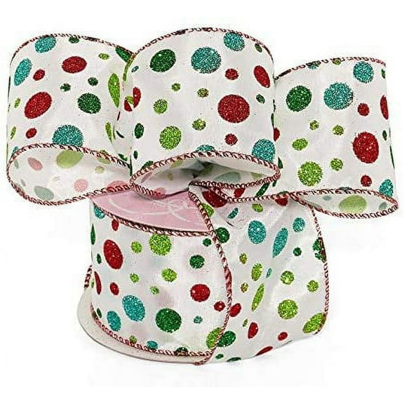 Christmas Glitter Polka Dots Wired Ribbon - 2 1/2" x 10 Yards, Red, Green, Gold, Silver, Gift Basket, Wreath, Xmas Tree Bows, Gift Wrapping