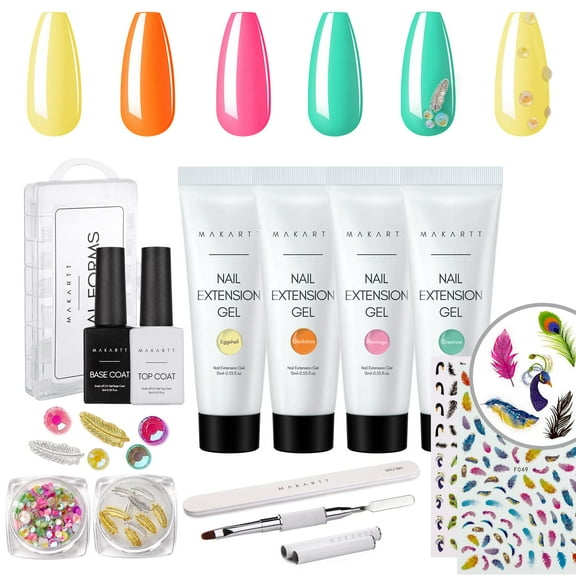 Glitter Poly Nail Gel Kit, 4 Color Nail Art Supplies Set with Builder Nail Extension Gel Gift Beauty Sets All-in-One Kit