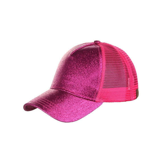 Glitter Pony Tail Outlet Mesh Adjustable Hat, Hot Pink