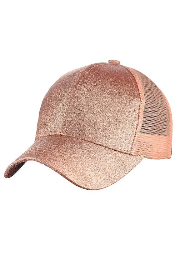 Glitter Pony Tail Outlet Mesh Adjustable Hat,Rose Gold