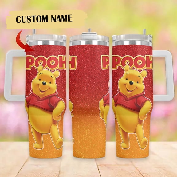Glitter Pooh 40oz Tumbler with Handle & Straw - Winnie the Pooh Disney Insulated Cup - Red Orange Sparkle Stainless Steel Tumbler
