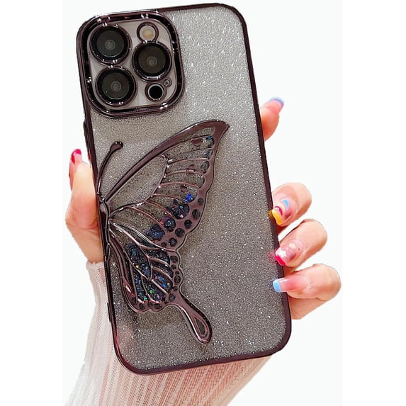 Glitter Powder Plating Butterfly Soft Phone Case Compatible with iPhone Case (Black,iPhone 13 Pro)