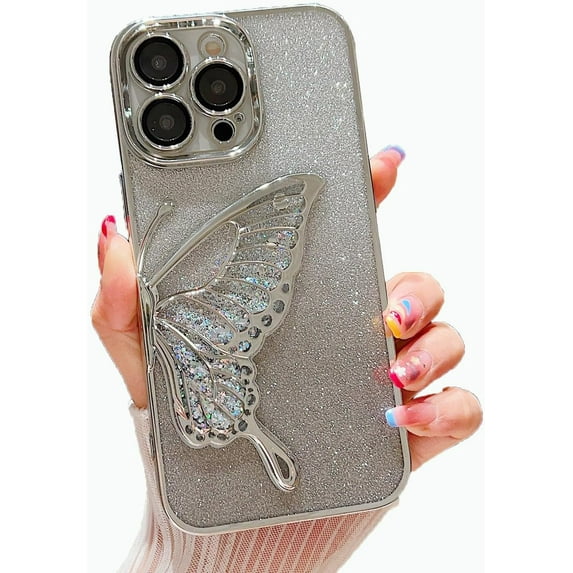 Glitter Powder Plating Butterfly Soft Phone Case Compatible with iPhone Case (Silver,iPhone 15 Pro Max)