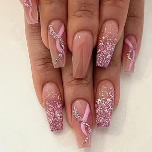 Glitter Press Nails Coffin Medium Long Nails with Bling Ombre Curved Line Designs Manicure Nails Gel False Nails for Wedding Classy stick for Women