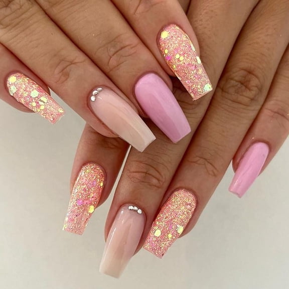 Glitter Press on Nails Medium Long Coffin Nude Ombre Fake Nails with Rhinestones Design Full Cover Acrylic False Glue Stick on Nail Artificial Gel Nails for Women Wedding Manicure 24Pcs Glitter with