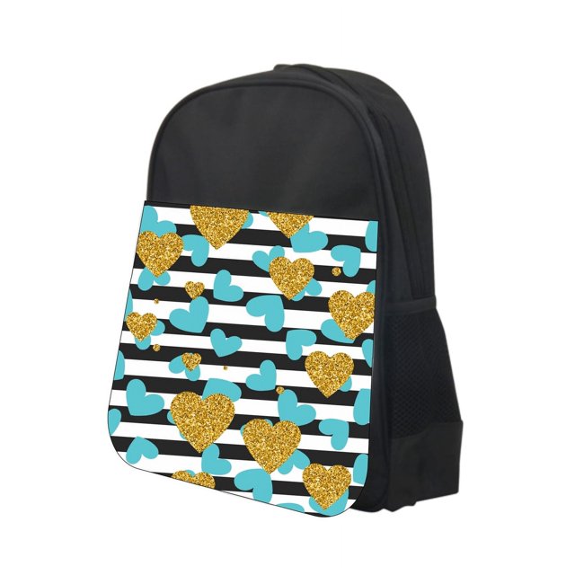Glitter Print Hearts And Stripes 13" x 10" Black Preschool Toddler Children's Backpack