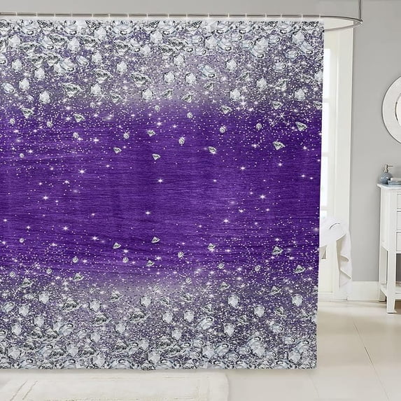 Glitter Print (No Glitter) Diamond Bling Shiny Shower Curtain Gradient Purple Silver Bathroom Shower Curtain Set for Bath Curtain Waterproof Bathroom Accessories 72"x72"