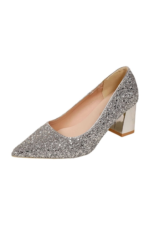 Glitter Pumps For Women Casual Party Pointed Toe Block Heel Sequined Pu Material Silver Color Size 9 Us Foot Length 10.24 Inches