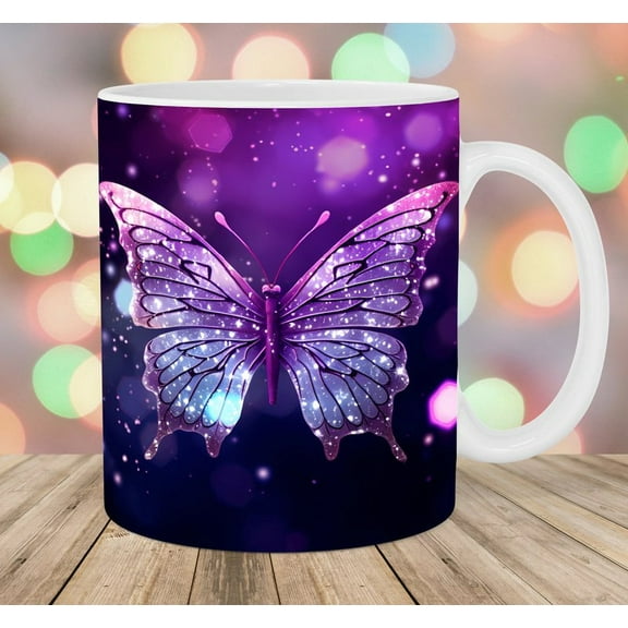 Glitter Purple Butterfly 11Oz Mug, Double Side Printed White Coffee Mug Perfect Funny Gift For Everyone