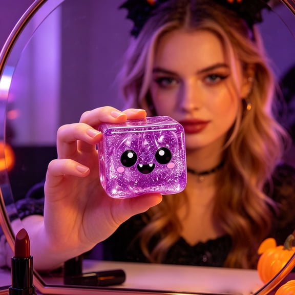 Glitter Purple Face Slow Rebound Rubber Squeeze Cube, Halloween Pocket Sensory Cube Portable Office Desktop Stress Relief Party Decor Accessory.B