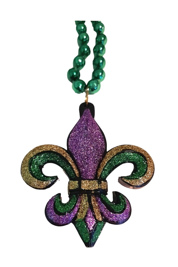Glitter Purple Green Gold Fleur De Lis 36" Resin Bead Mardi Gras Necklace New Orleans
