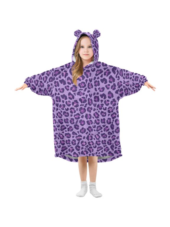 Glitter Purple Leopard Pattern Kids Wearable Blanket Hoodie Toddler Oversized Sherpa Sweatshirt 3-14 YR S