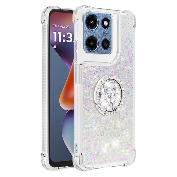 Glitter Quicksand Phone Case for Moto G Stylus 5G 2026, Heart Sequin Clear Protective Cover with Detachable Ring Kickstand, Shockproof Anti-Drop Transparent Bling Sparkly Case for Women Girls.A04
