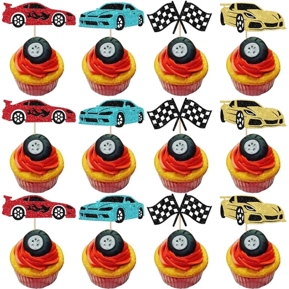 Glitter Race Car Cupcake Toppers, Checkered Flag Picks, Racing Theme Birthday Baby Shower Party Decorations, 12 Pack