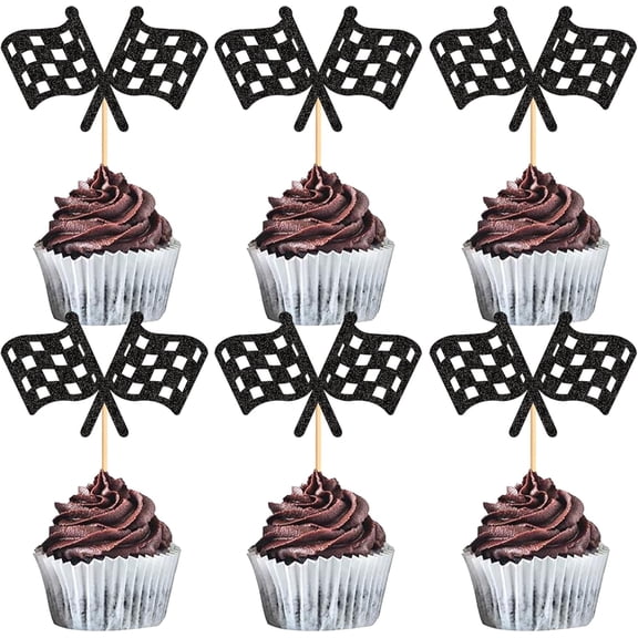 Glitter Racing Flag Cupcake Toppers, Black Checkered Flag Design, Race Car Theme, Birthday Party Decorations, 12 Pack