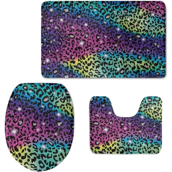 Glitter Rainbow Leopard 3 Pieces Bath Rug Set Decorarion Non Slip Flannel Bathroom Mat, Contour Mat, Toilet Lid Cover