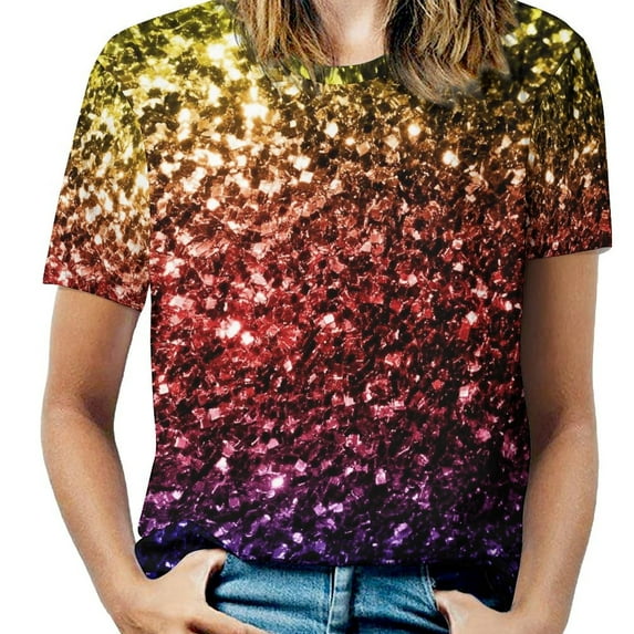 Glitter Rainbow Sparkle Women's Short Sleeve T-Shirt Crew Neck Casual Summer Trendy Loose Fit Tops