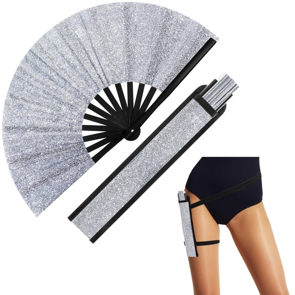 Glitter Rave Fan Rave Hand Fan for Men Women, Rave Accessories for Women with Leg Strap and Bag for Music Festival Weddings Performance Decoration, Silver