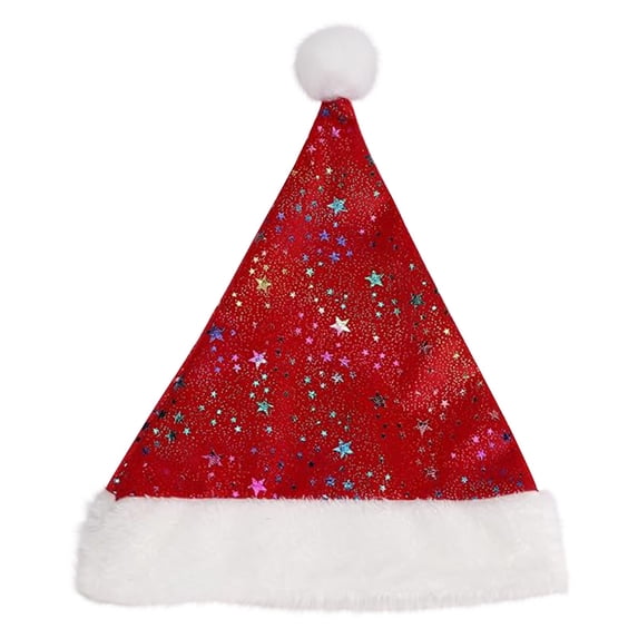 Glitter Red Santa Hat, Christmas Hat with White Plush Brim & Pom Pom, Soft Fur Xmas Hat with Star Sequins, Festive Headwear for Holiday Gathering, New Year Celebration & Party Costume,1 Pcs