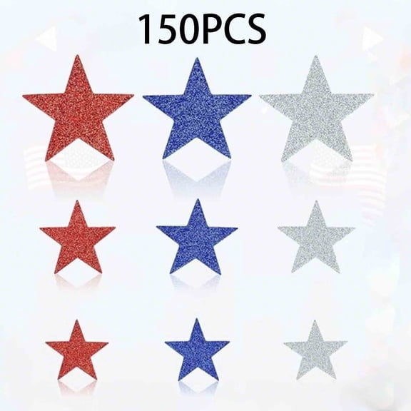 Glitter Red, White, Blue Five-Pointed Star Sticker Set,150PCS, for Patriotic Independence Day Wall Decoration