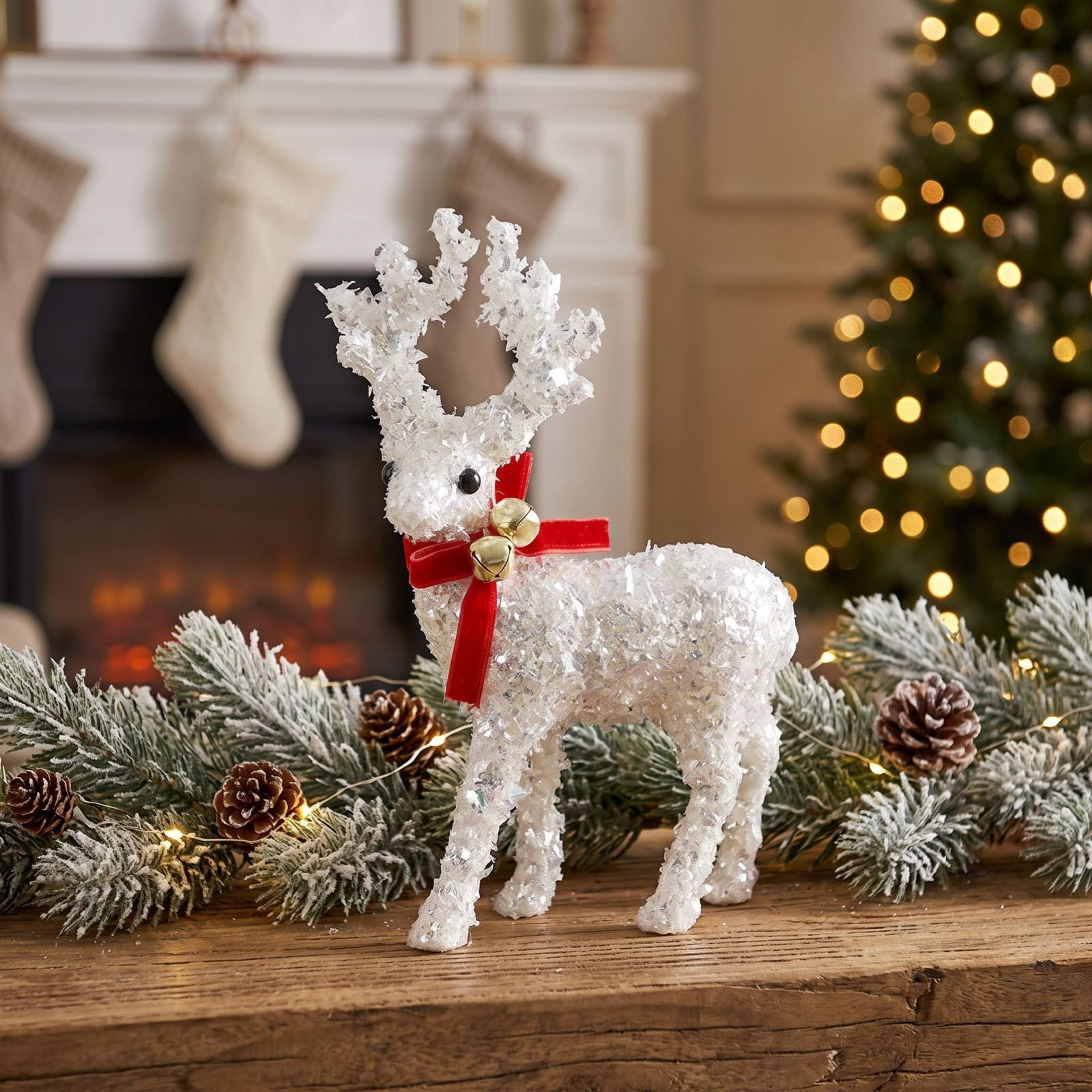 Glitter Reindeer Christmas Tabletop Decor, Standing Deer Figurine with Velvet Bow and Bell Accents for Holiday Mantel Shelf Centerpiece, Red