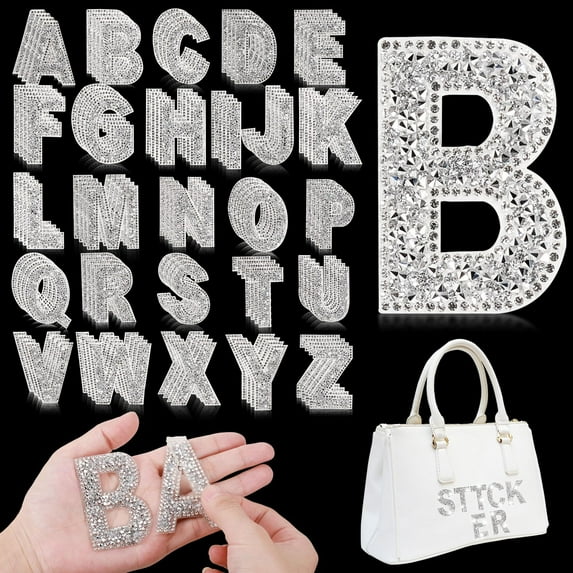 Glitter Resin Rhinestone Alphabet Letter Stickers Crystal Rhinestone Iron on Letter Self Adhesive A-Z Glitter Stickers for Art Clothing DIY Works