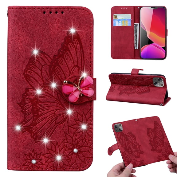 Glitter Retro Butterfly Embossed Case for iPhone 13 2021, Allytech Folio PU Leather with Soft TPU Bumper Shock Resistant Flip Stand Book Style Wallet Cover for iPhone 13 6.1", Red