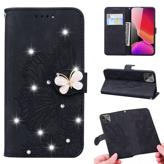 Glitter Retro Butterfly Embossed Case for iPhone 13 2021, Allytech Folio PU Leather with Soft TPU Bumper Shock Resistant Flip Stand Book Style Wallet Cover for iPhone 13 6.1", Black