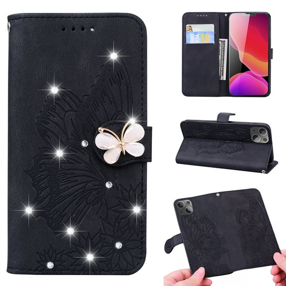 Glitter Retro Butterfly Embossed Case for iPhone 13 Pro Max 2021, Allytech Folio PU Leather with Soft TPU Bumper Shock Resistant Flip Stand Book Style Wallet Cover for iPhone 13 Pro Max 6.7", Black