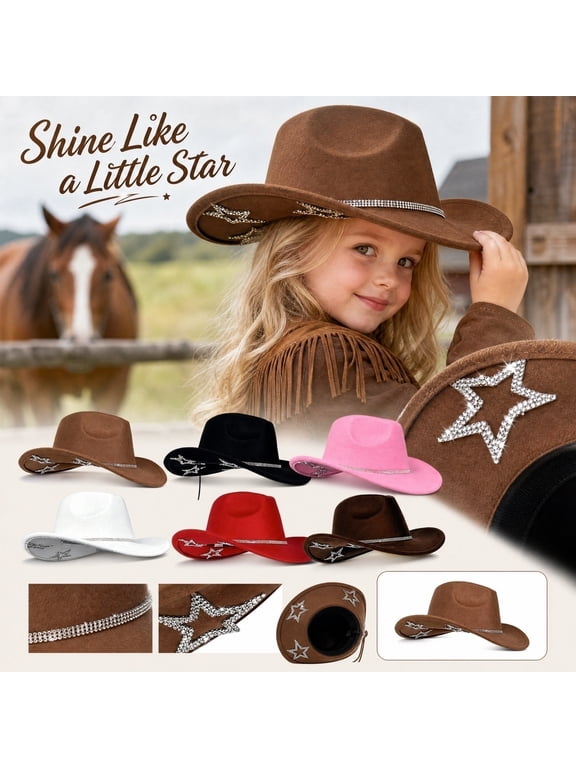 Glitter Rhinestone Cowboy Hat for Kids Wide Brim Suede Star Western Cowgirl Hat for Party Costume Dress Up,One Size