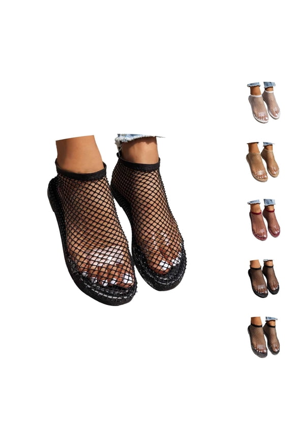 Glitter Rhinestone Mesh Flats for Women 2026 Summer Trendy Fishnet Low Heel on Sandals Rhinestone Shoes
