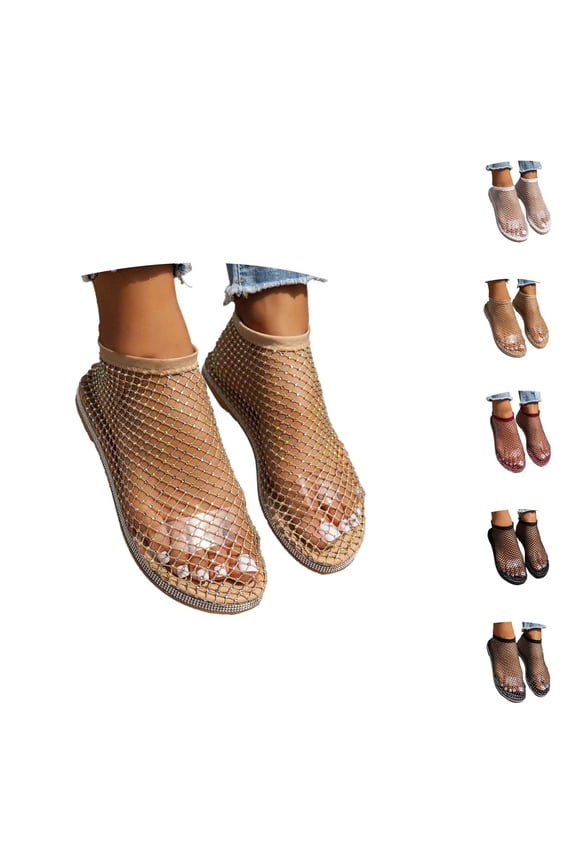 Glitter Rhinestone Mesh Flats for Women 2026 Summer Trendy Fishnet Low Heel on Sandals Rhinestone Shoes