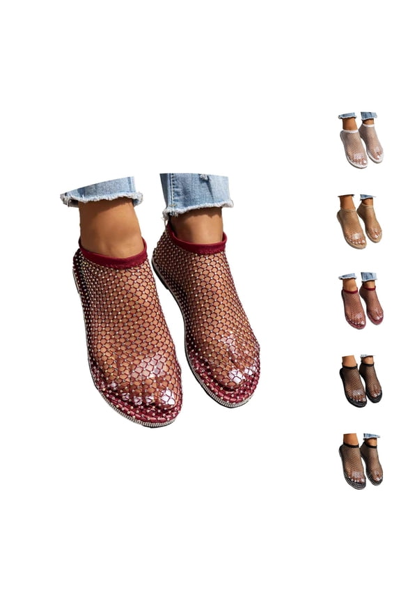 Glitter Rhinestone Mesh Flats for Women 2026 Summer Trendy Fishnet Low Heel on Sandals Rhinestone Shoes