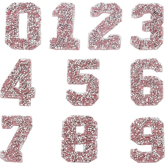 Glitter Rhinestone Number Stickers 0-9 Numbers 2.7 Inch High Self-Adhesive Sticker Iron-on Word Stickers for Cars Arts Crafts Clothing DIY Decoration (Pink)