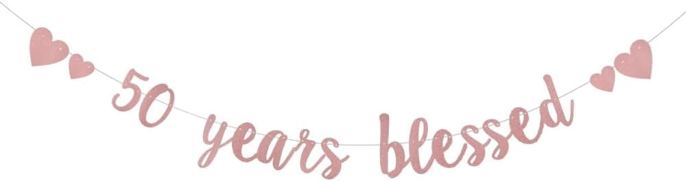 50 YEARS LOVED Rose Gold Glitter Banner - Pre-Strung, Happy 50th Birthday Decor For Women, Anniversary