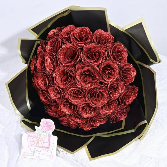 Glitter Roses Bouquet, DIY Fake Glitter Flowers Bouquet, Everlasting Shiny Artificial Red Rose Bouquet for Mothers Day Gifts, Anniversary, Engagement, Wedding,4 Roses
