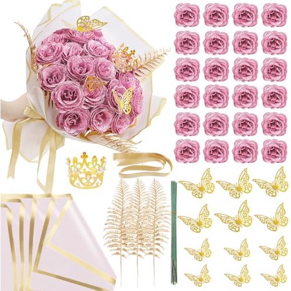 Glitter Roses Bouquet DIY Pink Roses Artificial Flowers Bouquets, 24 Pack Fake Shiny Flowers with Stems Eternal Floral for Elegance Wedding Bouquet Anniversary Birthday Love Gift