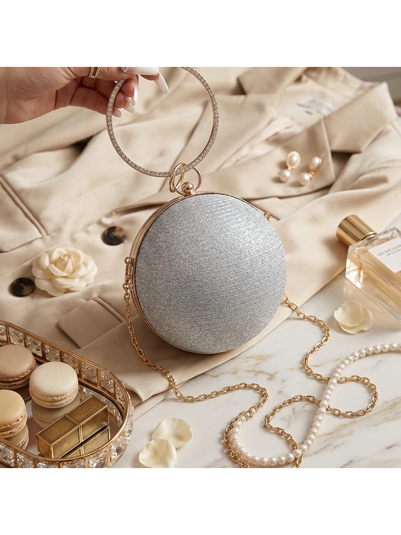 Glitter Round Evening Clutch Bag for Women, Ring Handle Hard Shell Circular Purse, Removable Chain Crossbody Shoulder Bag for Wedding Party Prom